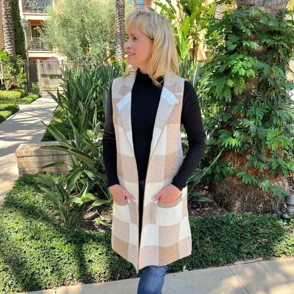 Open Front Sweater Vest Plaid Long Cardigan Heather Brown With Pockets Large - Picture 2 of 11